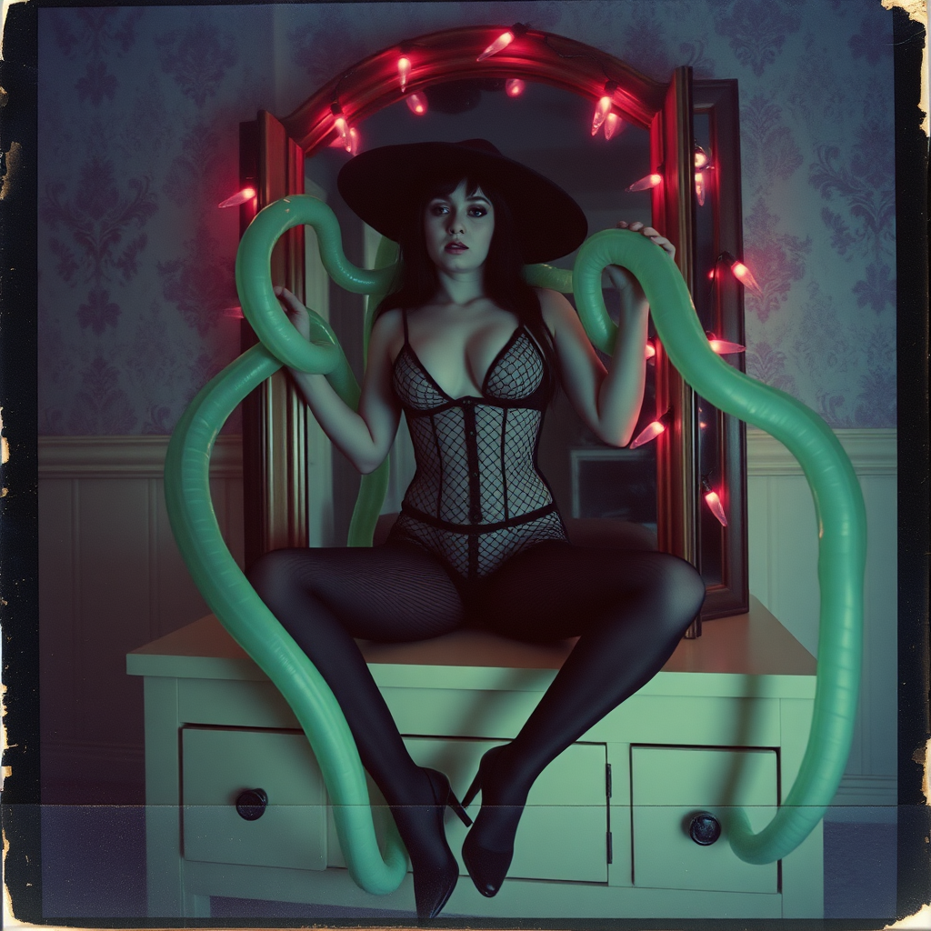 Scan of an nsfw old polaroid photograph with visible wear and heavy vignetting and blue color tint and light leaks, depicting a sexy pale curvy alt goth girl with black hair wearing skimpy fishnet black bodysuit and gstring revealing her nipples and wearing black stockings and high heels, sitting on a builtin vanity with mirror in old house with wallpaper on walls with her knees spread apart. Camera flash used. Dark lighting. Moody and hazy. Grunge look. Erotic. Nude. Pink Christmas Lights on wall. She is wearing a witch hat and is being restrained by giant glowing translucent green tentacles coming from inside the mirror, wrapping around her arms and legs and torso. The tentacles are pulling her back towards the mirror.