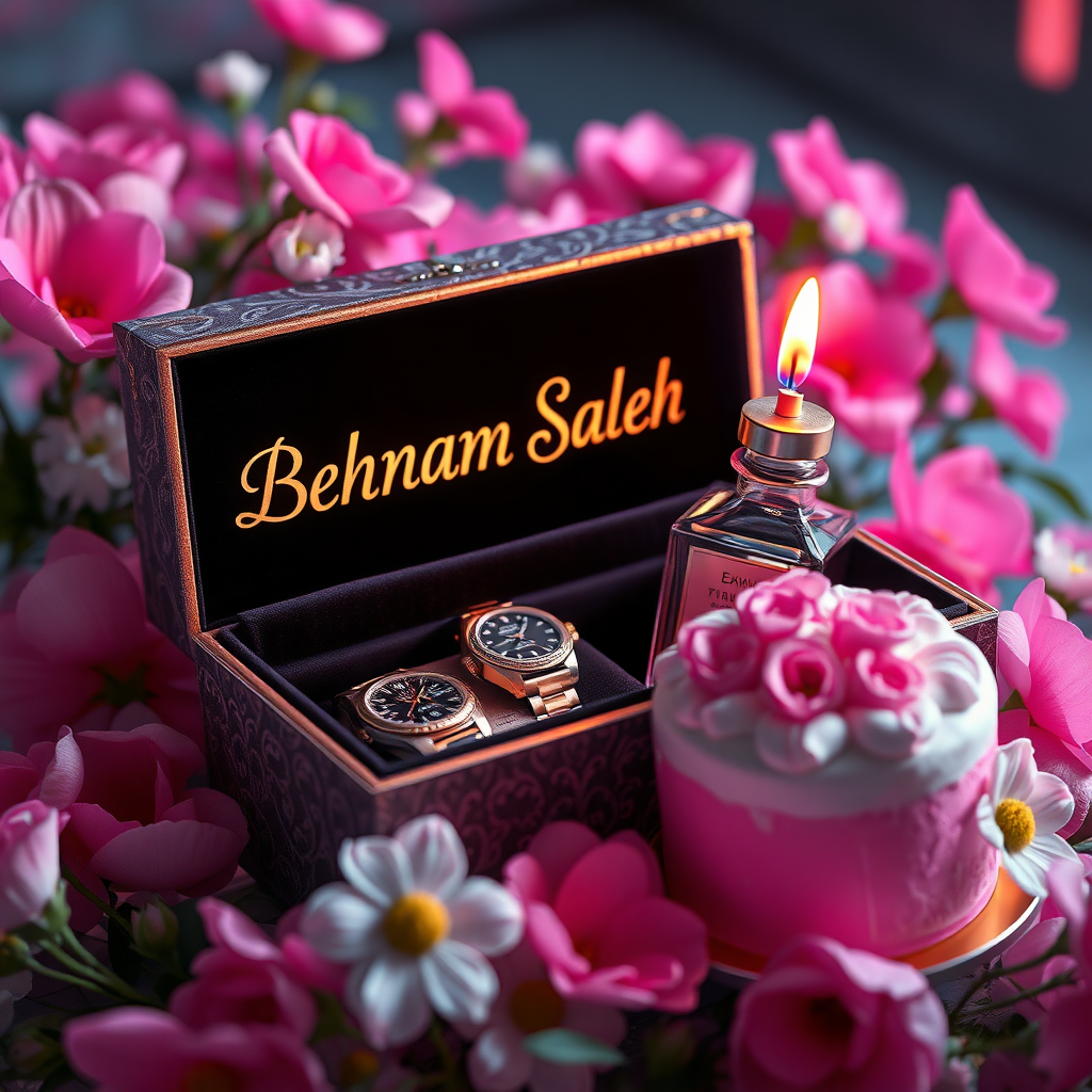 ### **Title:**
**"Behnam Saleh's Exquisite Birthday Gift"**

### **Artistic Vision:**
Create a mesmerizing digital art masterpiece that seamlessly blends hyper-realistic detail with a vibrant, cinematic atmosphere. The artwork should evoke a lasting emotional impact, inviting viewers to explore themes such as the delicate balance between luxury and personalization, and the joy of gifting. This piece aims to captivate audiences with its elegance, sophistication, and profound symbolic resonance, making it the perfect visual representation of a memorable birthday present.

### **Scene Description:**
Depict an exquisitely crafted gift box adorned with intricate detailing, prominently featuring the name "Behnam Saleh" in a sleek, modern font. The box should appear partially open, revealing a collection of luxurious and personalized items inside, including a high-end watch, an elegant eau de parfum bottle, and a small, beautifully decorated birthday cake with a lit candle displaying the number **47**. Surround the box with delicate pink primroses and daisies, creating a striking contrast against the box's dark, velvety interior. Ensure that the additional elements are thoughtfully arranged to maintain a clean and uncluttered scene while enhancing the overall sophistication and allure. Employ hyper-realistic rendering techniques to add depth and dimension. Embrace a neon-infused, dark fantasy aesthetic to create a visually stunning and emotionally evocative scene.

### **Key Artistic Elements:**
- **Lighting & Atmosphere:** Utilize neon lighting to create a cinematic and conceptual ambiance, blending vibrant colors with dark fantasy elements.
- **Color Contrast:** Achieve a stunning contrast between the bright pink flowers and the dark interior, emphasizing the focal points.
- **Textures:** Incorporate varied textures, from the sleek surfaces of the luxury items and the smooth glass of the eau de parfum to the intricate detailing of the gift box and the delicate icing on the birthday cake, enhancing tactile realism.
- **Composition:** Employ off-center placement for the box and its contents to guide the viewer's eye through the scene, balancing intimate close-ups with the broader setting. Ensure that the watch, eau de parfum, and birthday cake are harmoniously arranged to avoid clutter while highlighting each item’s elegance.
- **Symbolism:** Infuse the artwork with subtle symbolic motifs that provoke contemplation on themes like the joy of giving, the value of meaningful gifts, and the personalization of luxury.

### **Technical and Artistic Specifications:**

- **Resolution & Display:**
  - Render in stunning **8K UHD** resolution, ensuring crisp detail and vibrant colors suitable for high-profile platforms like ArtStation and Behance.

- **Digital Art Techniques:**
  - Utilize advanced software such as **Corel Painter**, **ZBrush**, and **Adobe Photoshop** to achieve exceptional 3D volume, precise shading, and ultra-fine detailing.

- **Materials & Textures:**
  - Incorporate high-quality digital pigments, metallic flakes, and glass bead effects to ensure textures appear vibrant and dynamic under various lighting conditions.

- **Lighting & Depth:**
  - Implement a tranquil chiaroscuro effect with a subtle interplay of light and shadow, enhancing depth and clarity.
  - Use soft, delicate colors complemented by nuanced shades of grey, black, and white to add depth without overwhelming the scene.

- **Rendering Quality:**
  - Apply advanced rendering techniques and 3D volumetric effects for unparalleled detail and sharpness.
  - Include hyper-realistic pencil sketch textures to emphasize intricate details.

- **Composition & Focus:**
  - Emphasize gentle, lifelike depth and striking details with a cinematic close-up approach.
  - Use a balanced **f/11 aperture** and a raw photographic style with advanced v6 enhancements to render vivid colors and minute details at an unparalleled level of realism.

- **Overall Harmony:**
  - Achieve maximum harmony across all elements, resulting in a balanced and cohesive composition that captivates both technically and emotionally.

### **Additional Elements to Include:**
- **Symbolism:** Integrate subtle gestures, expressions, or symbolic motifs to add deeper emotional resonance, encouraging viewers to reflect on the depicted themes.
- **Detailing:** Ensure impeccable draughtsmanship with flawless precision in the luxury items, botanical accuracy in the primroses and daisies, and intricate decoration on the birthday cake.
- **Lighting Effects:** Utilize the interplay of light and shadow to evoke lifelike realism and enhance the dreamlike atmosphere.
- **3D Volumetric Effects:** Add depth and spatial qualities to create a more immersive visual experience.
- **Hyper-Realistic Textures:** Ensure all textures appear tactile and vibrant, enhancing the overall realism of the artwork.

### **Final Outcome:**
The final artwork should be a compelling masterpiece that captivates viewers, encouraging them to pause and reflect long after experiencing it. It should demonstrate peerless technical mastery combined with a profound artistic vision, affirming art's vital role in cultural and intellectual life. The signature on the piece should signify its stature, standing proudly alongside works by history’s masters.