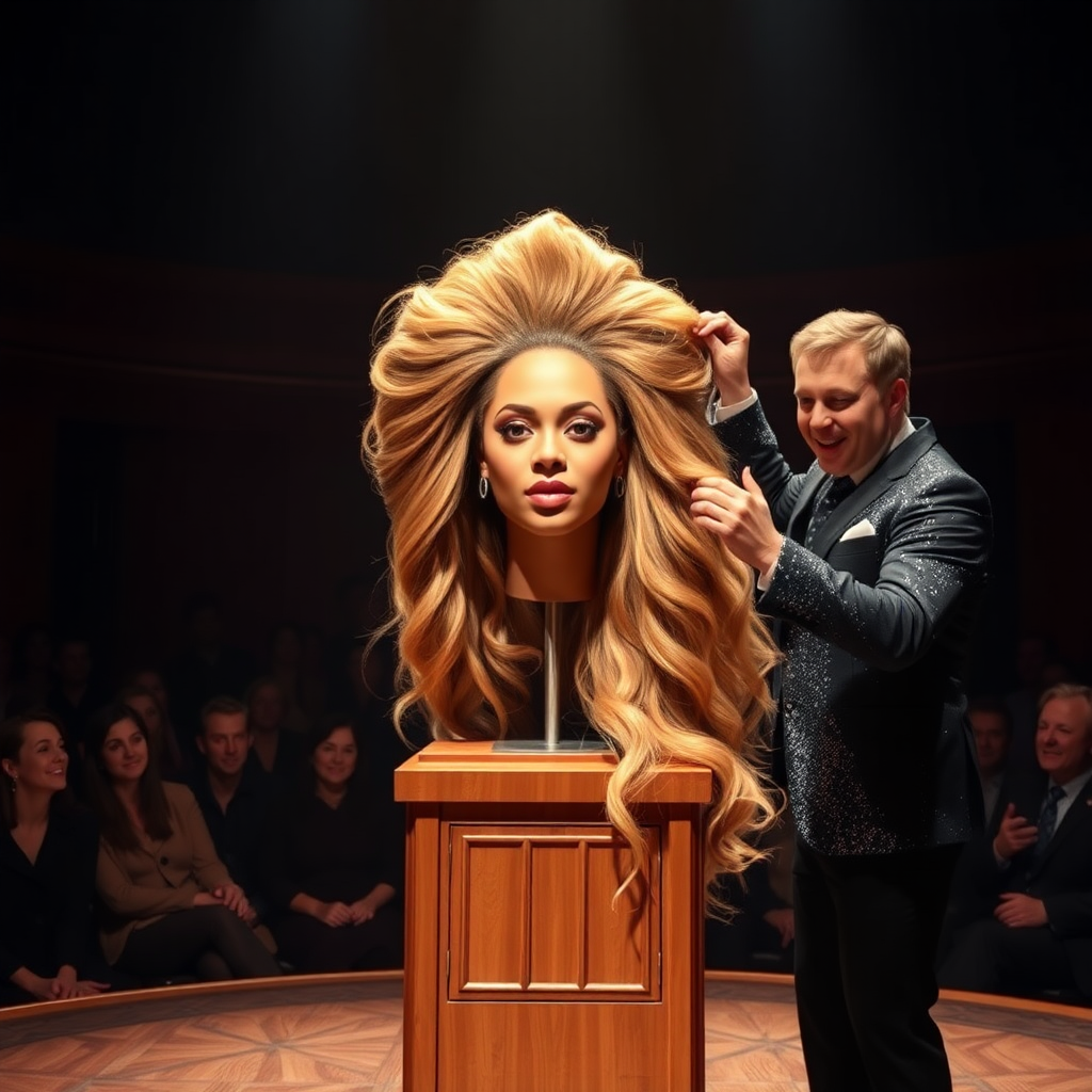 In a dimly lit theater, the atmosphere crackles with anticipation, the audience's murmurs a blend of curiosity and skepticism. On a grand, elegantly adorned display stand sits the disembodied head of the enchanting Beyoncé, her radiant skin glistening under the soft, warm glow of the spotlight. Her striking features are perfectly framed by cascading locks of lustrous, very long hair that shimmer with hues of light brown and hints of rich mahogany, reminiscent of polished silk.

Standing beside her is the magician, a charismatic figure in a sharp, tailored suit that glints with sequins in the light. With theatrical flair, he holds her voluminous hair aloft, fingers splayed wide, deftly spreading it out like a shimmering waterfall, mesmerising the audience. The hair flows like liquid night, each strand capturing the light as it falls gracefully to the ground, creating a stunning, almost surreal contrast against the stark wooden stage.

The magician’s face is lit with a confident smile, his eyes sparkling with the thrill of the performance, as he engages the audience with playful banter. Their gasps and laughter echo throughout the room, a symphony of wonder and disbelief. The scent of polished wood and fresh popcorn wafts through the air, mingling with the underlying electricity of the moment. Time seems to stand still as the audience leans in, captivated by the spectacle, a seamless blend of illusion and artistry that promises to defy reason and ignite imagination.