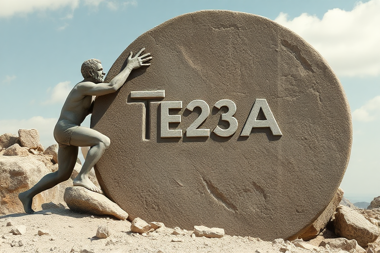 Sisyphus pushing up the round stone with the text "Te23A" engraved in the stone