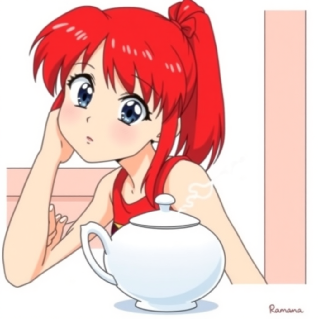 Ranma Saotome from the series Ranma 1/2 is a red-haired girl with a ponytail, blue eyes, and a toned girl’s body. The drawing style is that of Rumiko Takahashi.

Ranma can be seen just avoiding a teapot with hot water.