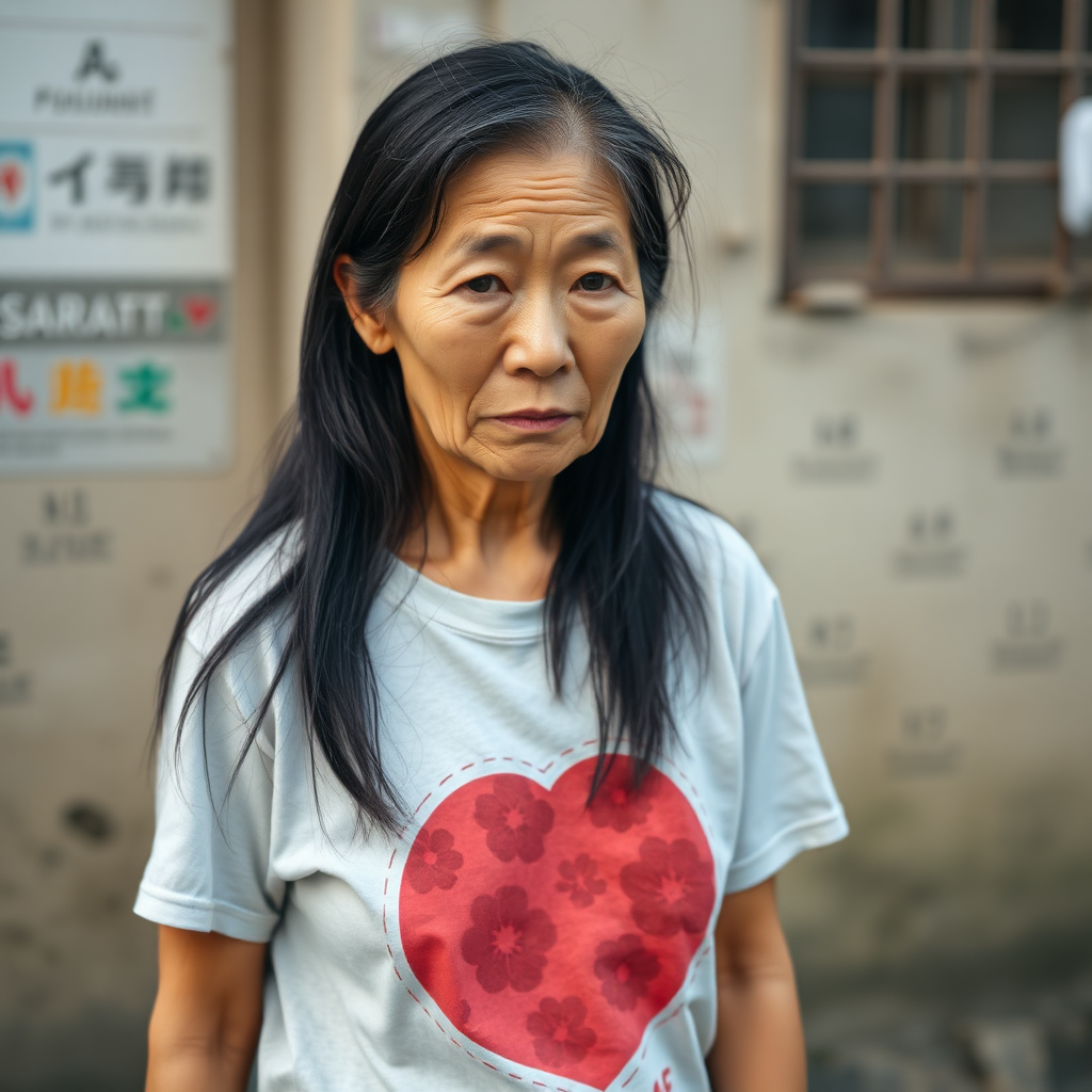 A very natural, very pretty, sad and homeless, about 60 years old, healthy, young-at-heart Asian woman with a T-shirt and long, jet-black hair and very typical and young Asian eyes, is very ashamed to look me in the eye.