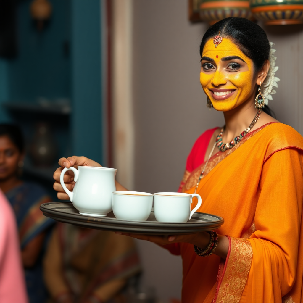 slim, 30 year old, sexy, traditional indian wife, turmeric face mask. She is smiling and serving coffee on a tray to guests.