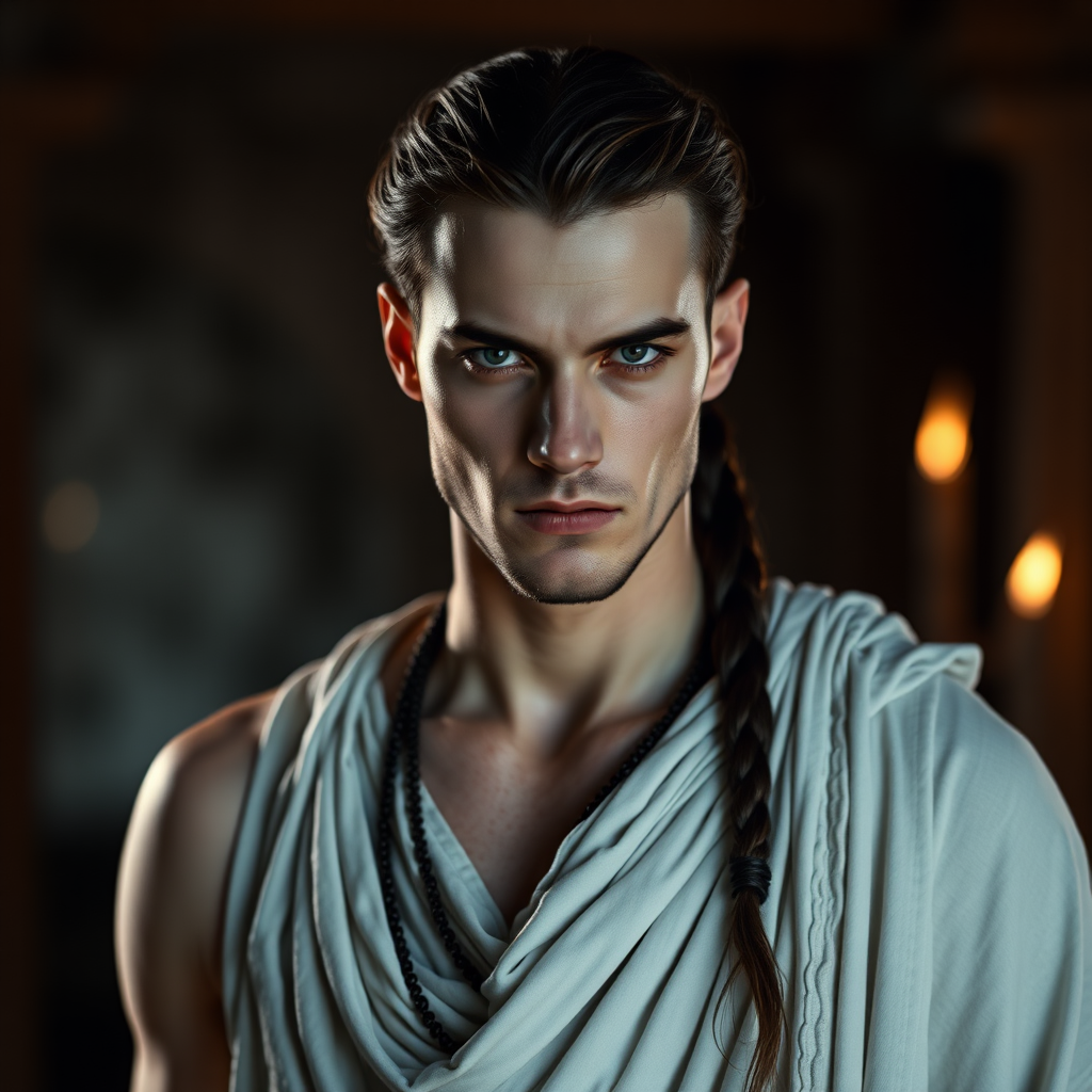 In the world of Vampire the Dark Ages, a man with very pale skin, extremely handsome, dressed in a long white tunic. He must resemble a Greek from antiquity, high definition, photorealistic, 16K.