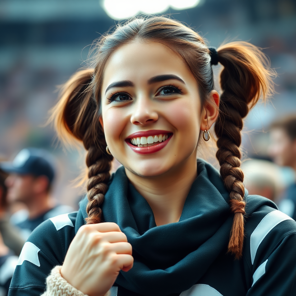 Attractive female NFL fan, pigtail hair, cheering