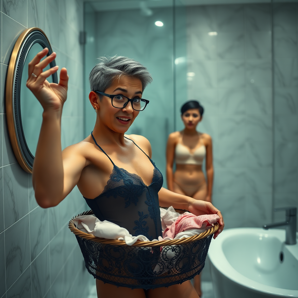 In a bathroom, an amazed European skinny boy is frantically rummaging in a basket full of lingerie. He is watched from a distance by a gorgeous 45-year-old, European, Latina woman, with a sharp aquiline nose, wrinkles, high cheekbones, Middle Eastern features, skinny, tanned skin. She has dark light skin, rounded medium breasts, skinny thighs, a big rounded ass, full makeup, jewelry, and a serious face. Her sharp nose appears shocked, yet she has a smile, is blushing, has an open mouth, and looks horny. She has ash hair styled in a short bowl haircut, slicked back, and she wears glasses with detailed features. She is dressed in a navy blue sheer embroidered leotard made of detailed fabric, captured in a full body, landscape wide shot, in focus.