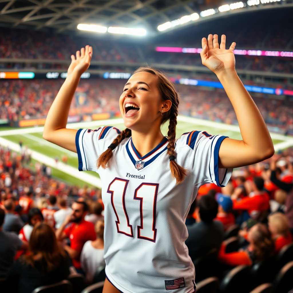 Female NFL fan, extremely attractive, hollering, pigtail hair, jersey, arms raised, jumping inside bleachers, crowded, NFL stadium