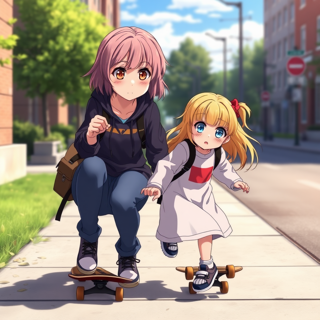 Two anime sisters, one a teen with light brown hair and hazel eyes and the other a smaller kid with blonde hair and blue eyes, playing with a skateboard on a sidewalk.