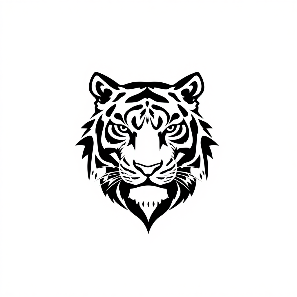 Create a minimalist, monochromatic circular logo design of a serene tiger in the style of Sak Yant tattoo art. The tiger looks calm not fierce or scary.