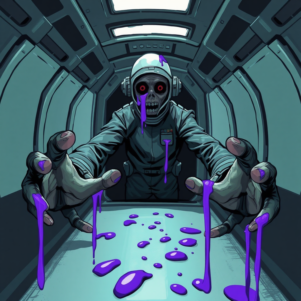 Stylized sci-fi horror digital drawing. Mindless space crew member approaching the viewer with arms reaching out. Purple goo smears.