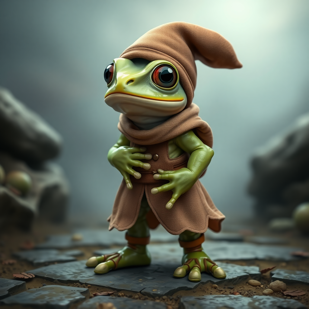 Anthropomorphic baby frog in a medieval setting and clothing and shoes