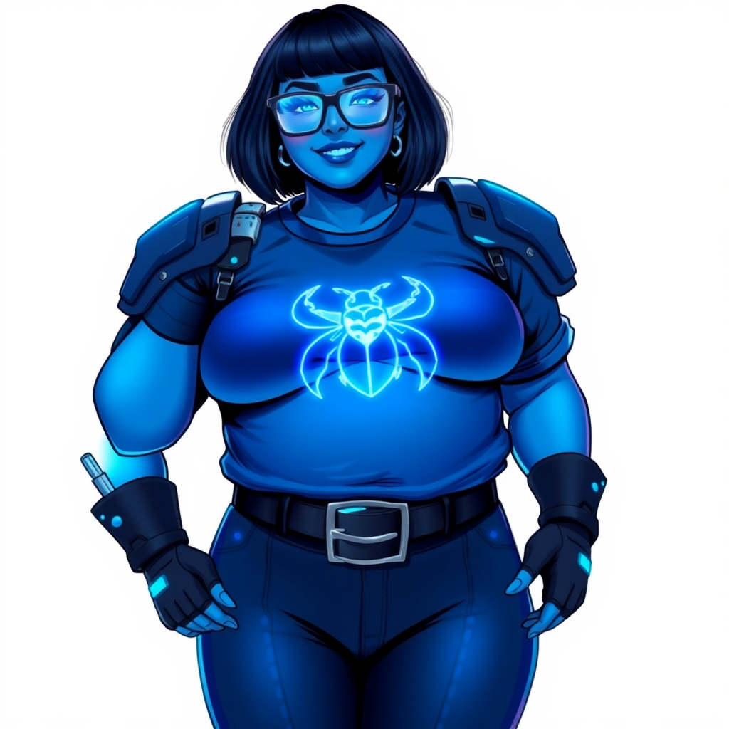 A 28-year-old, full-figured, metallic maximum blue (5PB 5/10) skinned computer program hybrid with a maximum blue bob cut. She has a non-athletic build, highlighted by a prominent, round, large midsection (with a full emphasis on her belly), which shows the effects of her love of junk food acquired from her boyfriend. As the full-figured, nerdy, digital sidekick to her cyberpunk vigilante boyfriend, her metallic maximum blue skin and maximum blue lipstick (5PB 5/12) emphasize her digital nature. Her skin has a subtle, animated glow, with digital patterns occasionally flickering across it, making her digital nature obvious. She wears a digital, computerized costume, consisting of a huge, tight-fitting, maximum blue t-shirt (5PB 5/12) with a neon blue glowing chest icon of a beetle, hi-tech shoulder pads with neon blue accents, a black hi-tech belt with a digital neon blue glowing buckle, digital maximum blue pants (5PB 5/12) with neon blue accents, and black hi-tech fingerless biker gloves with neon blue glowing accents. Her neon blue glowing eyes, black eyeglasses with neon blue glowing lenses equipped with a built-in HUD, and bashful smile with neon red blush accentuate her nerdiness. She stands bashfully with one hand behind her back and the other hand gently touching her cheek, her costume covering all her skin and fully emphasizing her full-figured physique (especially her belly). She is clearly non-athletic, with a focus on her full-figured physique. Despite her build, she radiates beauty. She has a slim face compared to her physique, accentuating her radiant beauty. She is on a solid white background. She is drawn as if she were in a retro 2D cyberpunk fighting game. Ensure her skin has a maximum blue (5PB 5/10) skin tone.