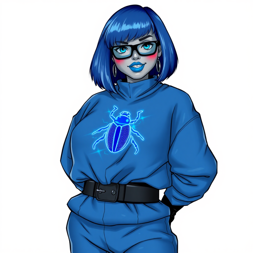 A 28-year-old, full-figured, middle gray metallic-skinned computer program-human hybrid with a maximum blue bob cut. She has a non-athletic build, highlighted by a prominent, round midsection. As a digital sidekick, computer hacker, and nerdy girlfriend to her cyberpunk vigilante boyfriend, her middle gray metallic skin and maximum blue lipstick emphasize her digital nature. She wears an oversized, loose-fitting, maximum blue costume with a neon blue beetle chest icon, a black belt with a sapphire scarab buckle, and black gloves. Her bright blue eyes, black eyeglasses, and lovestruck smile with neon red blush accentuate her nerdiness. She stands bashfully with her hands behind her back, her costume covering all her skin. Her physique is heavily emphasized. She is on a solid white background. She is drawn as if she was in a retro 2D cyberpunk fighting game.