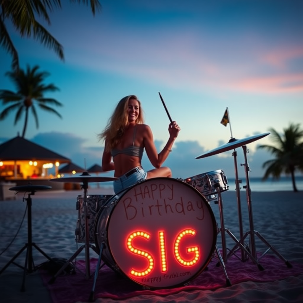 Lady sitting on drumset on beach with palms and bar, bass drum spelling the words "Happy Birthday Sigi"