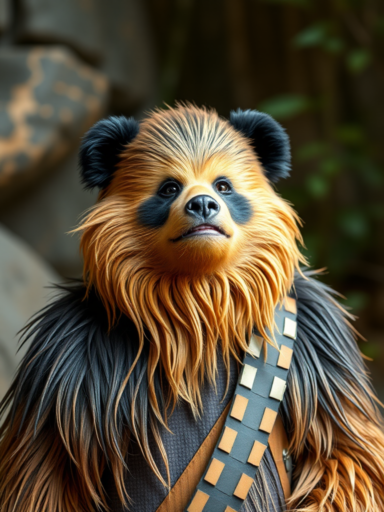 A panda bear dressed up as Chewbacca