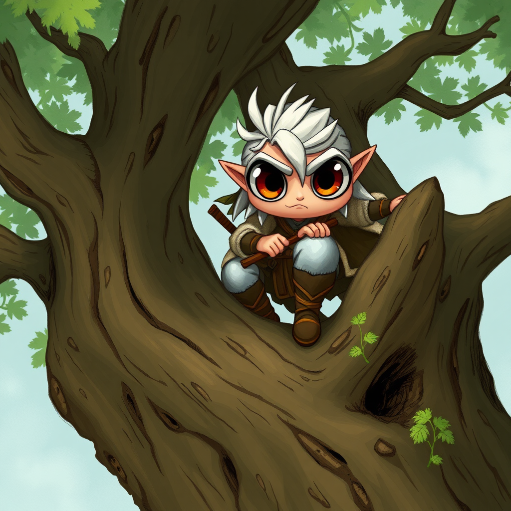 Geralt of Rivia with huge eyes riding a tree.