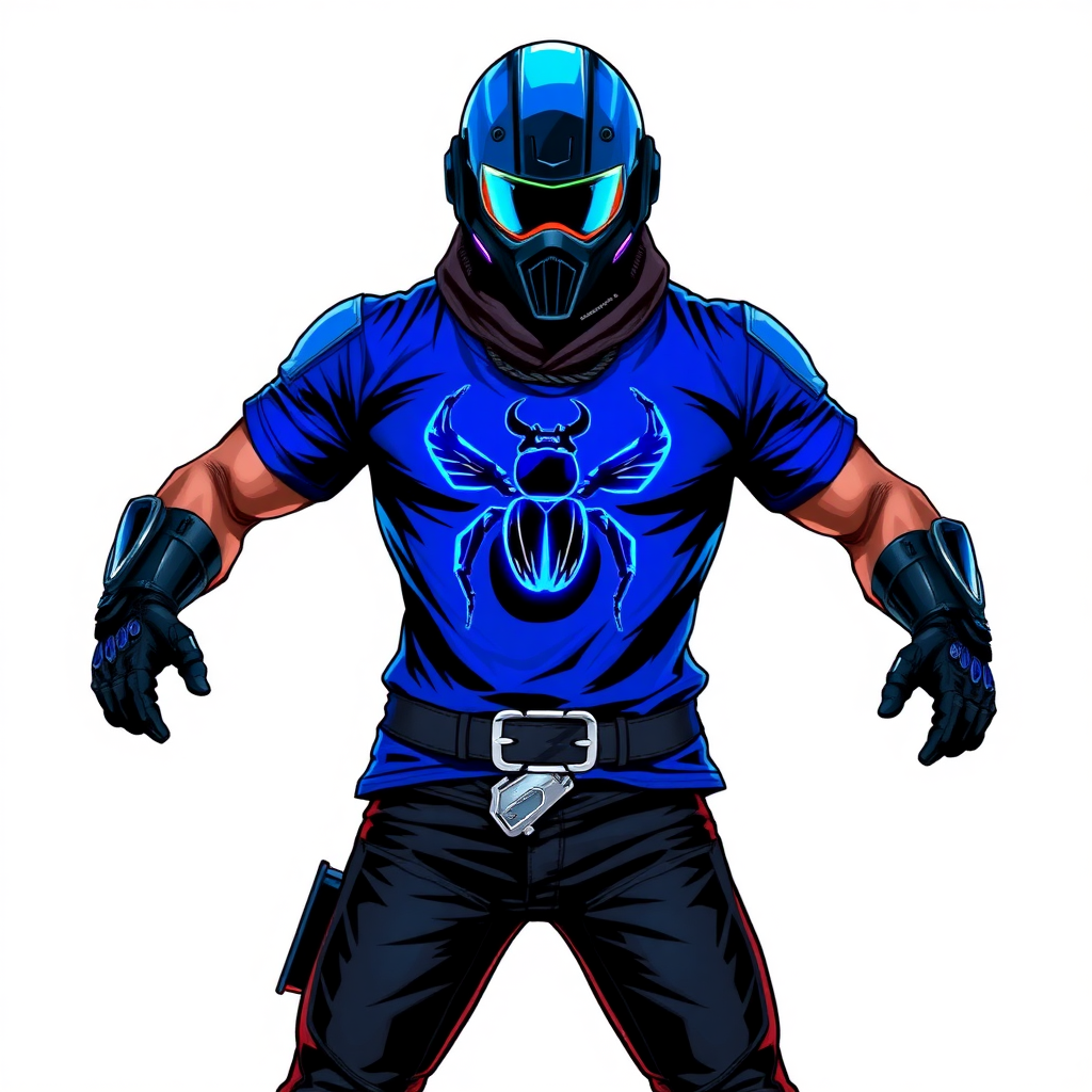 A 28-year-old cyberpunk vigilante stands heroically, clad in a high-tech, maximum blue t-shirt featuring a neon blue glowing beetle on the chest. They wear black biker pants, a black belt with a sapphire beetle buckle, and a maximum blue head covering helmet with neon blue glowing lenses. Their hands are protected by black metal gloves, all set against a solid white background. He is drawn as if he was in a retro 2D cyberpunk fighting game.