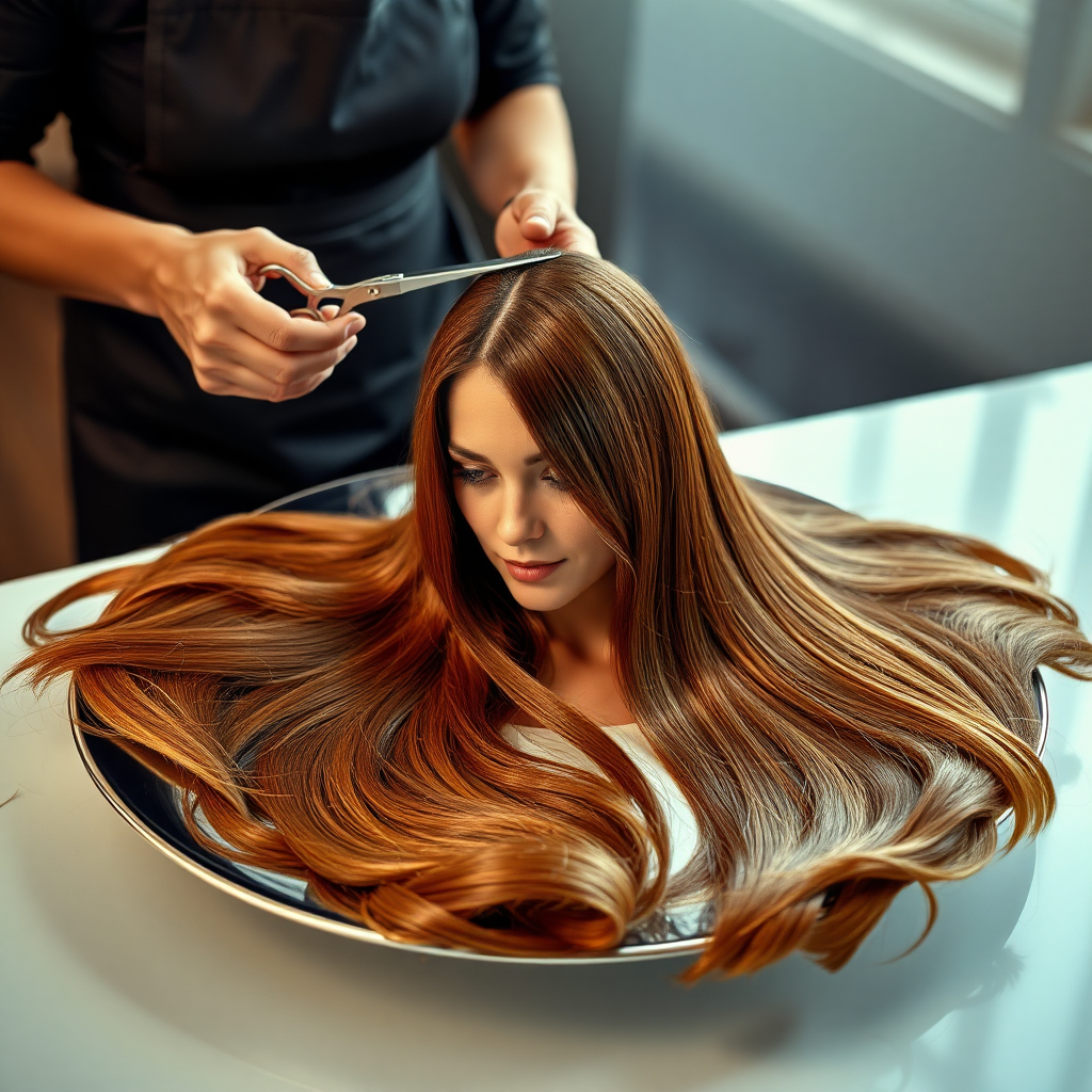 In a bizarre, surreal tableau, the polished surface of an elegant dining plate cradles the disembodied head of a strikingly beautiful Kate Middleton, her long, flowing hair cascading like a glossy waterfall of deep chestnut and honey highlights. The hair is luxuriously arranged, strands shimmering under the soft, ambient light that bathes the scene in an ethereal glow.

A skilled hairdresser, clad in a sleek black apron, stands poised with a pair of gleaming scissors, carefully trimming the endlessly luxurious locks that frame Kate's serene, almost ethereal features. The air is thick with the scent of salon products mingling with delicate hints of floral fragrances, creating an unusual yet strangely inviting atmosphere. The hairdresser's focused expression reveals a meticulous dedication as snippets of hair fall gracefully onto the pristine plate, echoing a sense of both artistry and absurdity.

The overall emotional tone conveys a dreamlike quality, inviting viewers to ponder the juxtaposition of beauty, identity, and the bizarre circumstances that bind them in this extraordinary moment.