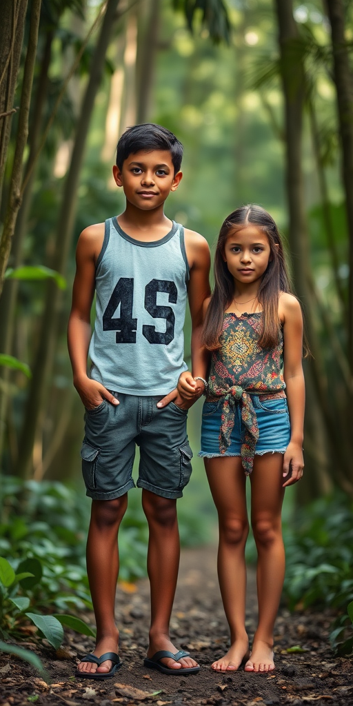 A realistic photo of a 14yo teen boy and girl. Indigenes of Brasil rain forest. Long legs. Full length view.