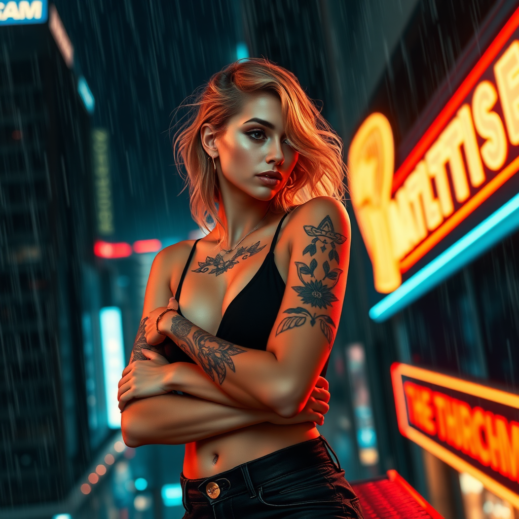 A girl like Ana De Armas (athletic, thin, twenty-something, tattoos, with strawberry blond hair), on top of a battlemech (nightsky from battletech). Modern city, neon sign. Night. Raining.