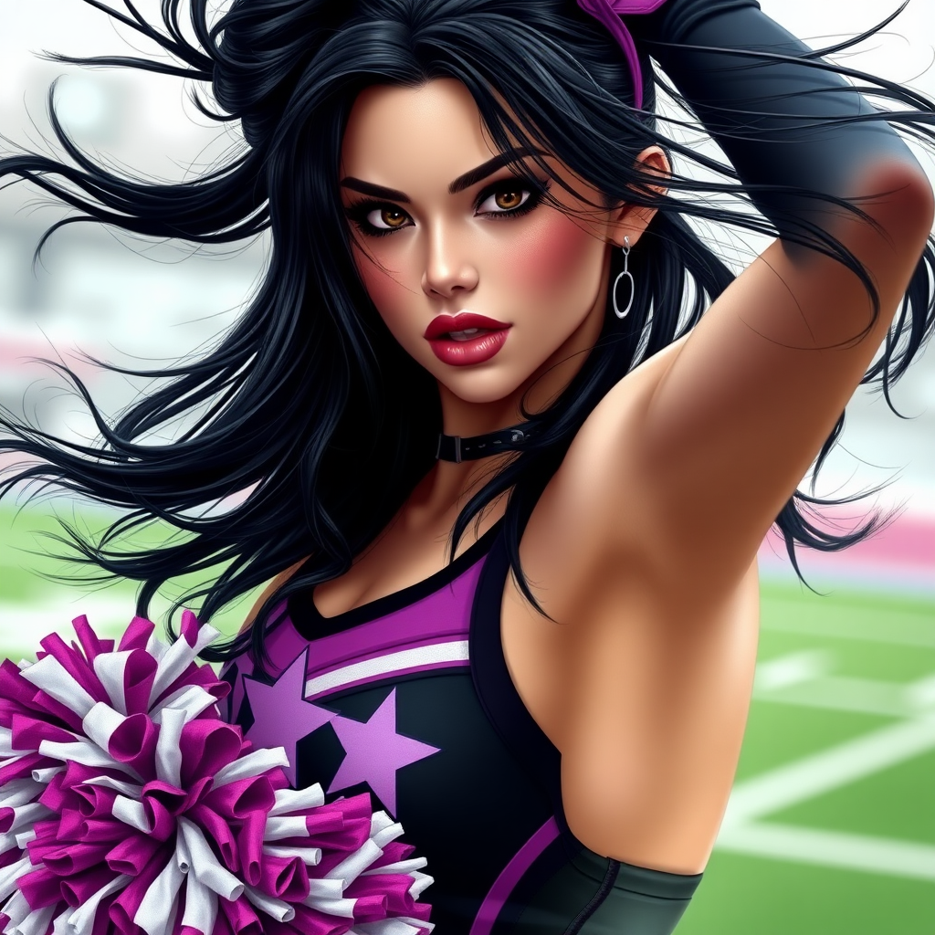 Juliet Starling is an athletic goth and cheerleader of Santa Romero High. She has a very confident and seductive expression while posing for her team. Her black hair flows in the midwinter wind.