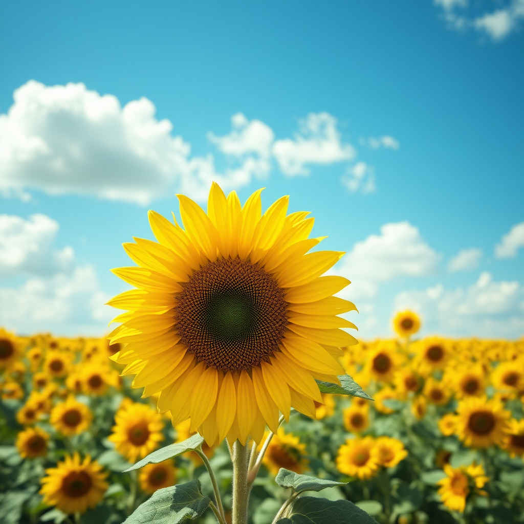 A vibrant field of sunflowers under a bright blue sky with fluffy white clouds. The scene is infused with a sense of warmth and cheer, showcasing a hyperrealistic aesthetic. In the foreground, a large sunflower stands tall, displaying its bold, sunny yellow petals radiating outward, while the intricate details of its brown seed center are highlighted. The background is filled with countless sunflowers, creating a sense of depth and continuity, their bright yellow colors contrasting against the deep green foliage and stems. Soft light enhances the saturation of the colors, and a gentle breeze sways the flowers slightly, adding a dynamic element to the serene landscape.