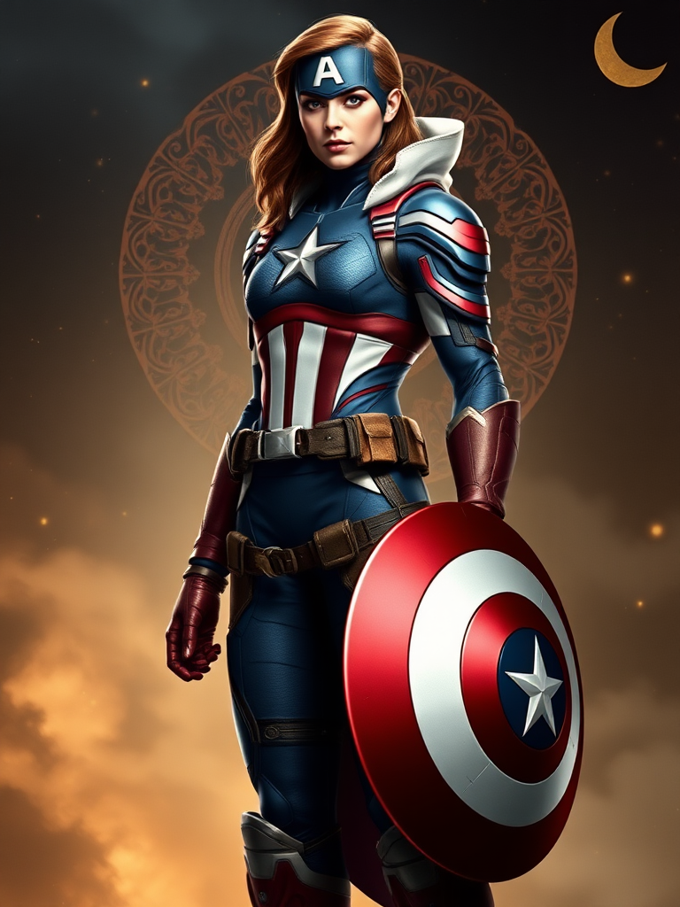 Create a full-length rendered image of Captain America, using the female figure of Snow White for the body. Retain Captain America's head, hairstyle, and facial features. Integrate elements of Snow White's costume into Captain America's attire, adjusting it to fit the new proportions. Design the background inspired by both characters, incorporating iconic symbols and settings that reflect their worlds, merging the heroic and fairytale atmospheres seamlessly. Ensure the image captures the strength of Captain America alongside the whimsy and charm of Snow White, resulting in a unique and visually striking character fusion.