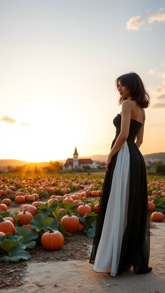 On the left, a beautiful model dressed in a long black and white gown, with medium-length layered black hair, wearing 12 cm high heels, in the background a field of large red pumpkins, in the backdrop a Venetian village with a small church, a sunset sky with the sun and clouds.