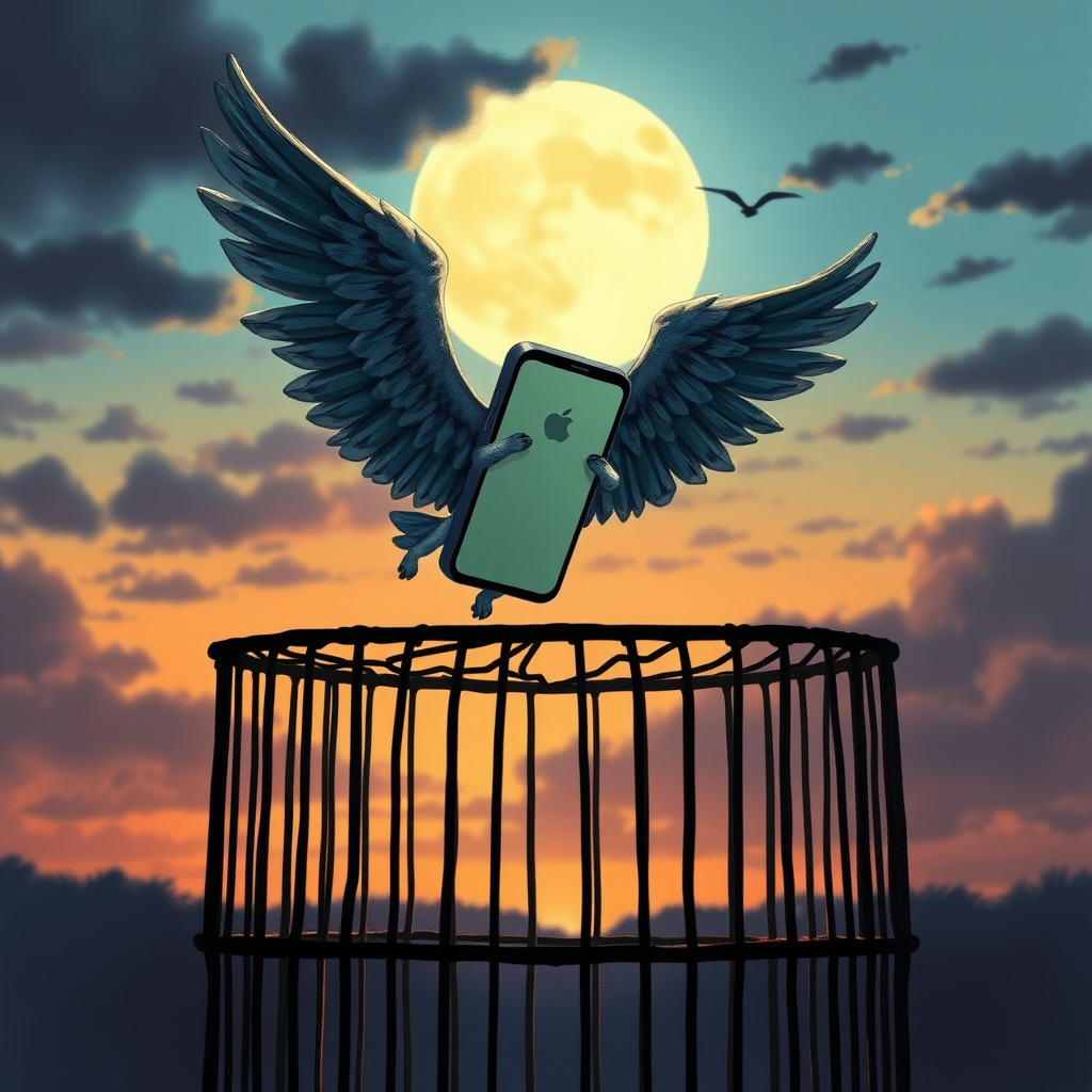 An iPhone with wings flying above a cage and into a twilight sky, in the style of a professional children's illustration, lots of detail