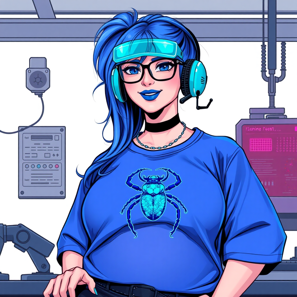 A cyberpunk vigilante’s full-figured intelligent and tech-savvy 28-year-old girlfriend, who is a computer hacker and tech genius. She has a long maximum blue ponytail. She wears maximum blue lipstick, bright blue eyes, a sapphire beetle gemstone necklace, sapphire earrings, black eyeglasses, and an oversized maximum blue t-shirt featuring a blue sapphire gemstone crusted chest icon of a beetle. She has a full-figured physique with a prominent, massive, round belly, reflecting her well-cared-for lifestyle. She sports a sapphire headset with a hi-tech maximum turquoise lensed HUD, and a shy smile with a neon red blush. She serves as his tech expert from his hideout, diligently working at her workbench and computer desk. The background is solid white. She is drawn as if she was in a retro 2D cyberpunk fighting game. Ensure her maximum blue t-shirt covers her belly.