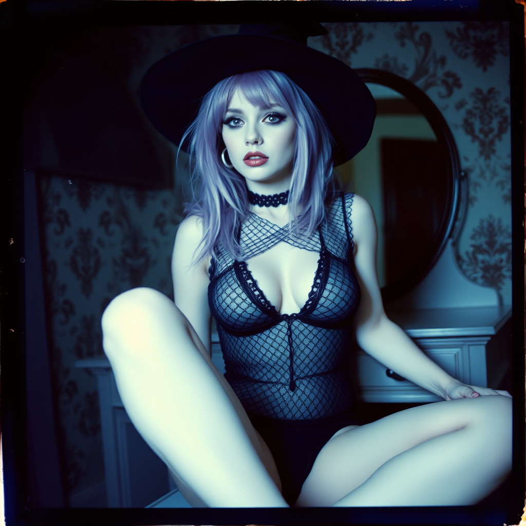 can of an old polaroid photo with heavy dark vignetting and a blue color tint to the photograph and visible light leaks. The photo depicts a sexy alt goth girl with pale skin and purple hair. She has large breasts with ample cleavage and is wearing a black fishnet bodysuit. She is wearing a witch hat. The image looks hazy and grungy. She is in an old house with wallpaper on the walls. Dark lighting with camera flash used. Candid. she is wearing a black lace micro thong. She is sitting on a builtin vanity with a mirror with her knees spread apart.