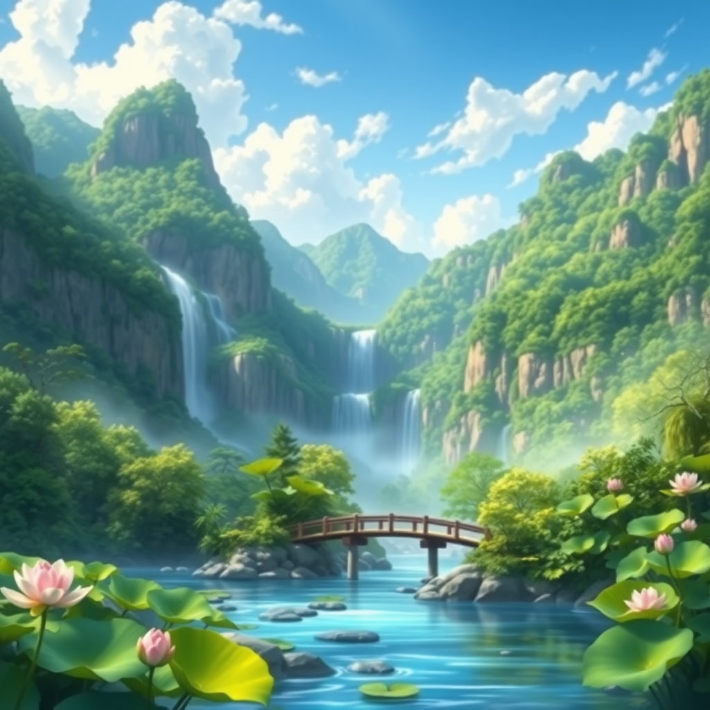 Masterpiece, highest resolution, highest quality, HD, high mountains, green forests, waterfalls, flowing water, small bridge, lotus flowers, lotus leaves, blue sky and white clouds, cartoon landscape style, blending texture into the picture.