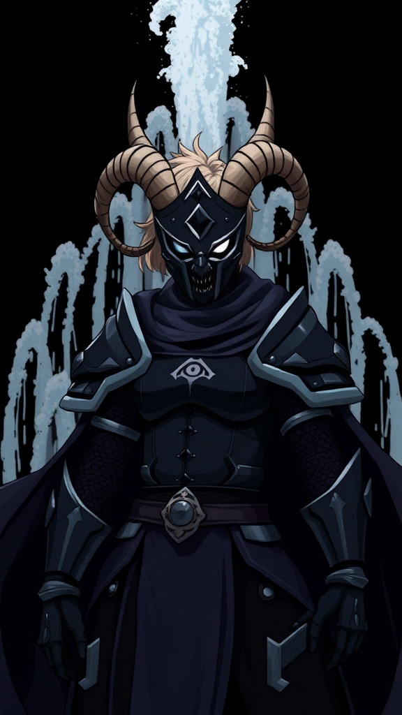 (Anime-pixel art) Black background of a black-dark fountain erupting into the air, a fierce and violent knight stands poised for battle. She wears sleek, black knight armor, marked by a small white eye symbol at its center, exuding an air of intimidation. Her face is obscured by a terrifying goat-like mask, with a single glowing white eye on the right, and another white eye symbol perched at the top of the mask, adding to her menacing presence.

The knight's imposing silhouette is accentuated by two large, dark-silver shoulder guards that gleam ominously in the darkness. Draped behind her is a flowing dark-blue cape that billows dramatically, hinting at her formidable power. Atop her head, two impressive antlers rise, further enhancing her fearsome appearance, while her short, tousled blonde hair peeks out from beneath the mask.

This is the Roaring Knight, known as Mayor Holiday from Deltarune, captured in a striking full-body view that highlights both her ferocity and enigmatic allure.