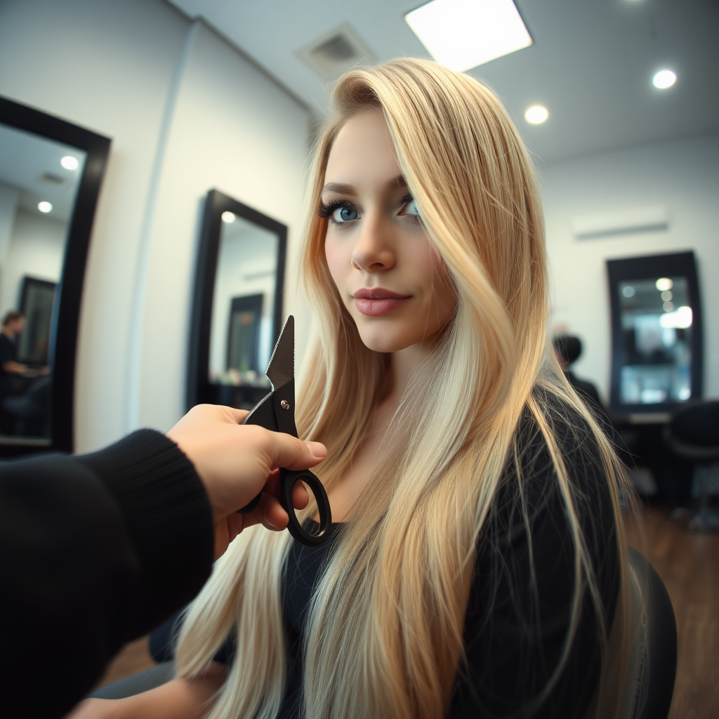 POV, beautiful very long haired blonde woman sitting in a hair salon while I reach out from behind the camera to trim her very long hair.