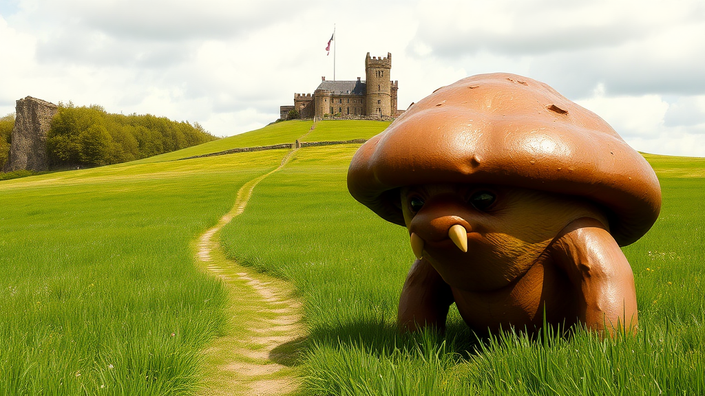 Exterior. Day. Green field. A pathway leads up a hill in the distance to a brown-brick castle with a tall flagpole outside. A large brown mushroom-shaped creature with pointy teeth.