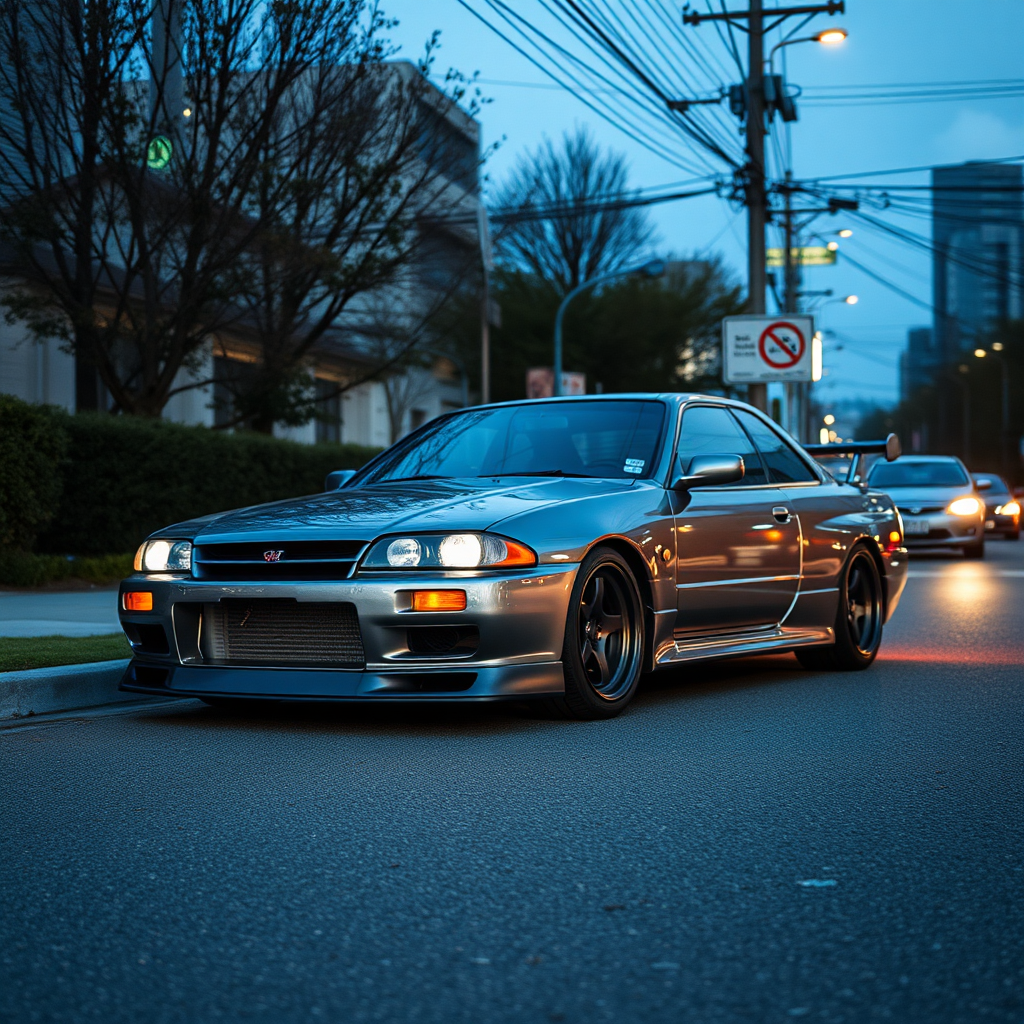 The car is parked on the side of the road, inspired by Taiyō Matsumoto, tumblr, restomod, nd4, c4 metallic shine nissan skyline r34 tokyo gece arkaplan