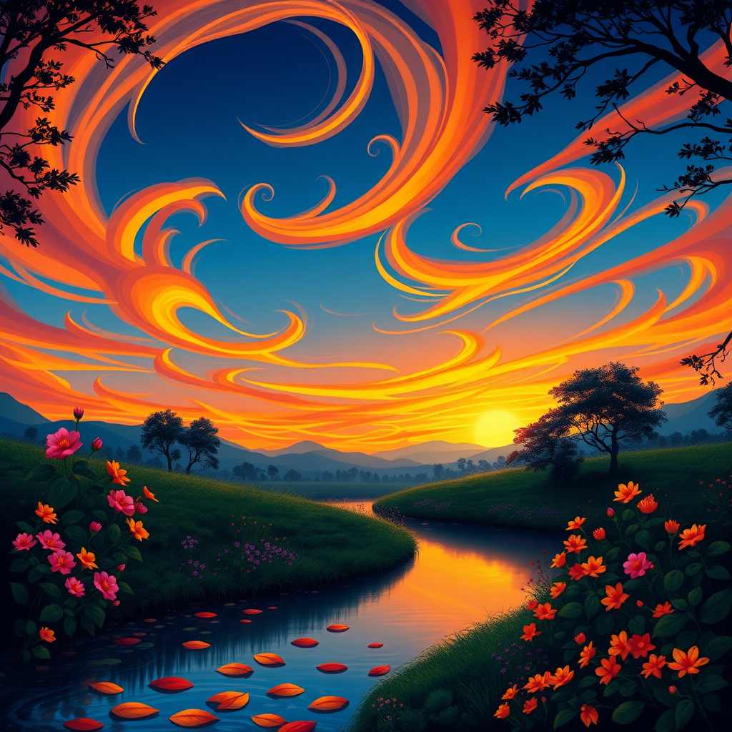 A serene, enchanting landscape at dusk, featuring a winding river reflecting the vibrant hues of the sunset. The sky is a dramatic blend of deep blue and warm orange, streaked with swirling clouds illuminated by the last rays of the sun. Surrounding the river, lush greenery and blooming flowers in vivid colors like pink, yellow, and orange add to the vibrancy. Silhouettes of trees frame the scene, creating a mystical atmosphere. The water is dotted with floating leaves, mirroring the colorful foliage. The aesthetics are highly saturated and painterly, reminiscent of a whimsical illustration, evoking a sense of tranquility and wonder.