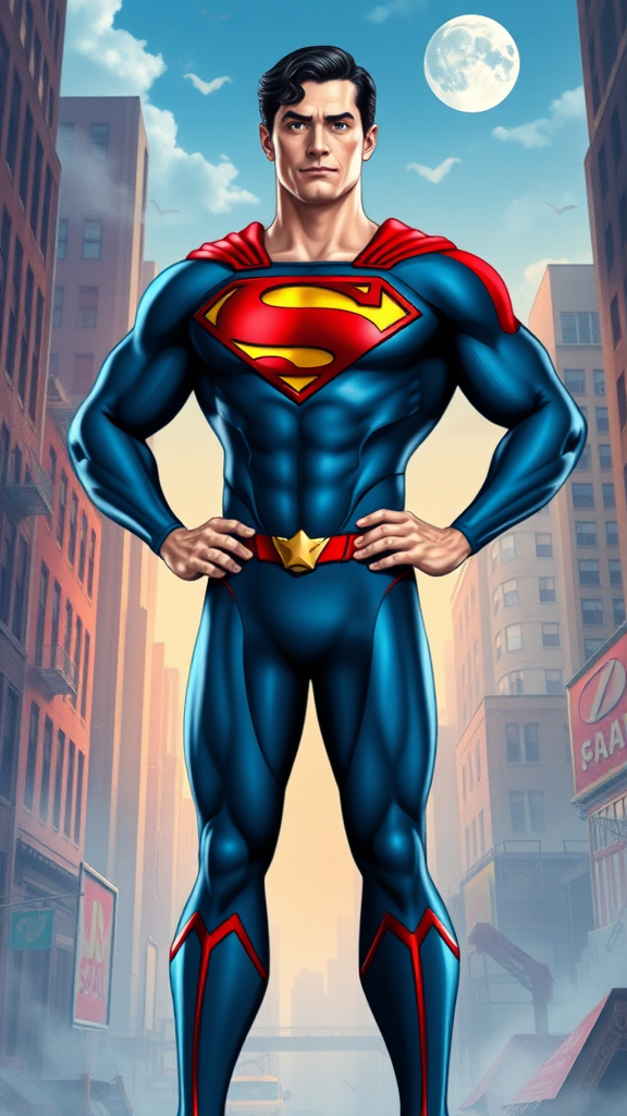 Create a full-length image of Superman using Elastigirl’s body structure. Retain Superman’s head, hairstyle, and facial features. Include his original costume, enhancing it with unique embellishments to match the new proportions. The background should draw inspiration from both Superman's iconic scenes and Elastigirl's vibrant settings, blending elements that reflect both characters’ worlds. Focus on vibrant colors and dynamic poses to emphasize the character's strength and flexibility. The overall composition should celebrate the essence of both heroes while showcasing this creative reinterpretation.