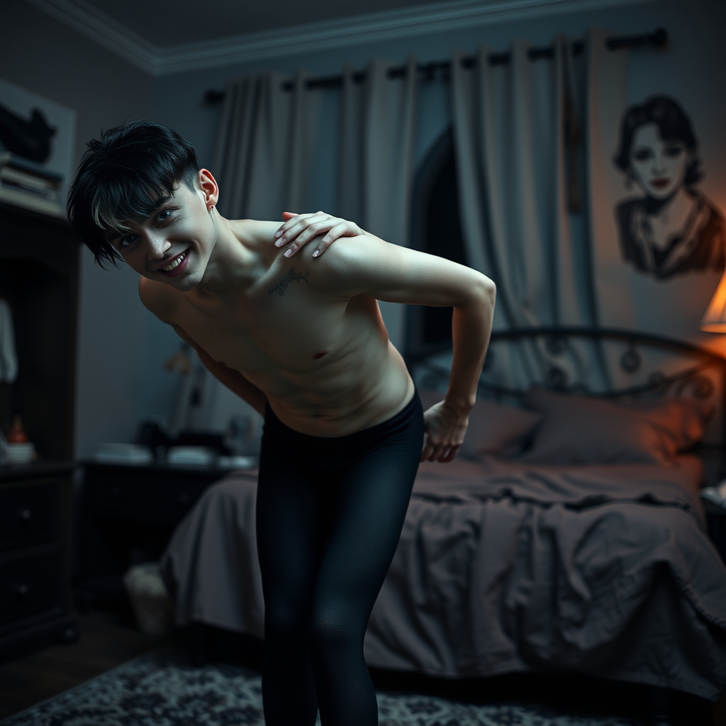 photorealistic, ultra high resolution, 16K, surreal fantasy, studio lighting, a pretty 16 year old goth male, slim male physique, short blonde hair, goth makeup, earrings, pantyhose, white ballet shoes, playing with dark haired his 16 year old boyfriend in the bedroom - he is bending forward, while the boyfriend stands up behind him and rests his hands on the boys shoulders, excited smile, facing the camera.