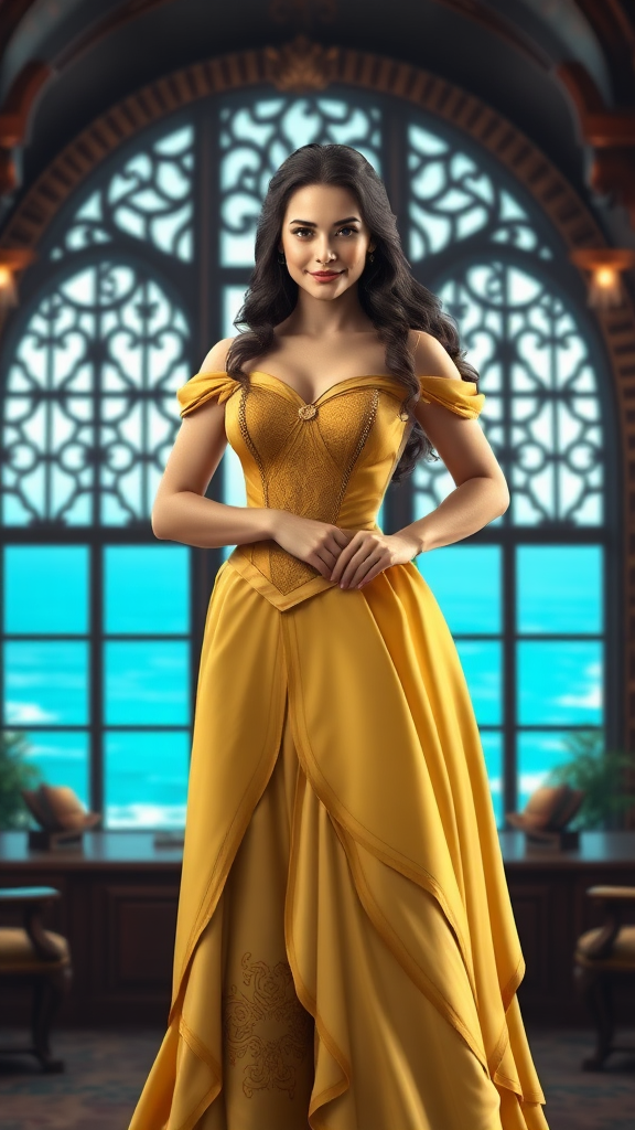 Create a hyper-realistic image of Belle from Beauty and the Beast with a modified body type resembling Aquaman's muscular physique. Maintain Belle's original head and facial features intact, but transform her figure to be more athletic and powerful. Dress her in an outfit that blends elements from both characters, suitable for her new form. Set the scene in a grand library with large windows overlooking the sea, combining Belle's love for books with Aquaman's aquatic realm. Ensure the lighting and details are vivid and lifelike.