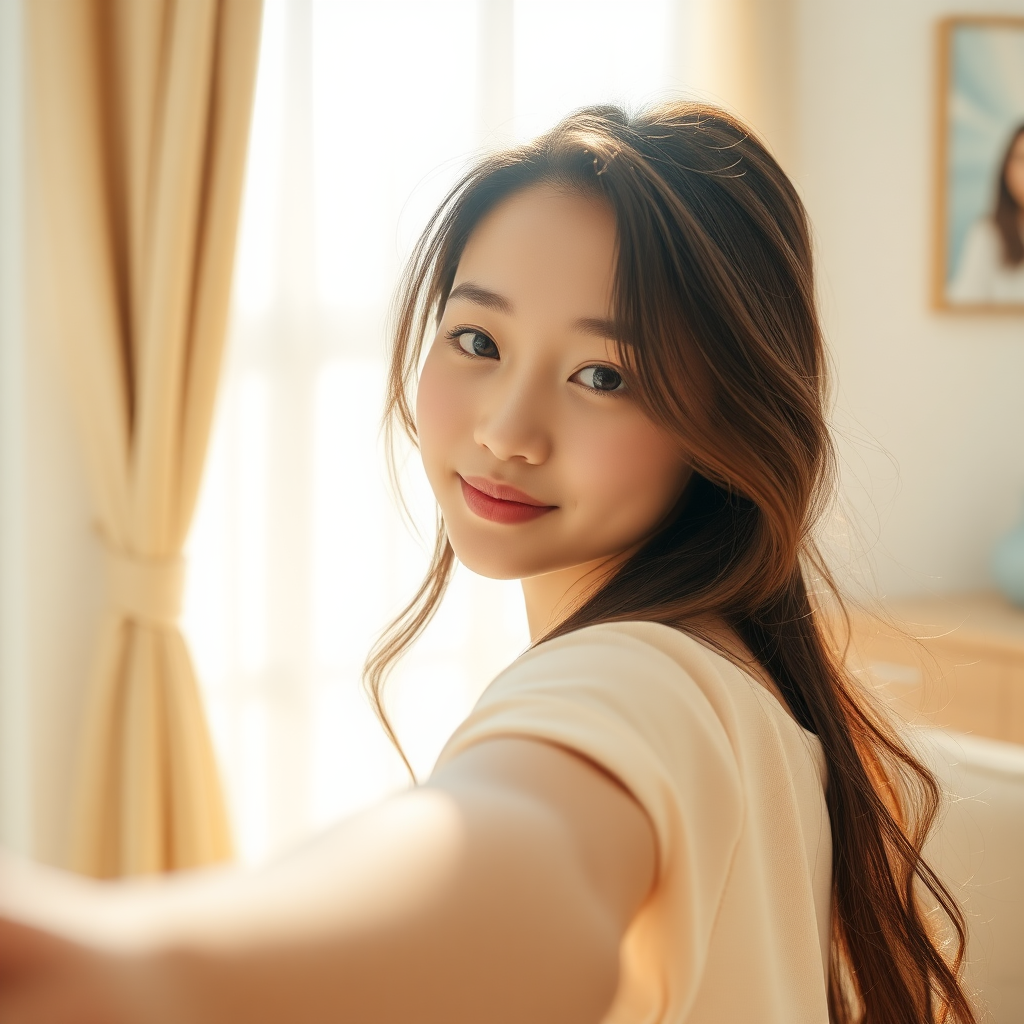 A Chinese young woman taking a selfie in a sunny room, with loose hair and a peaceful expression, ultra HD, real photo style