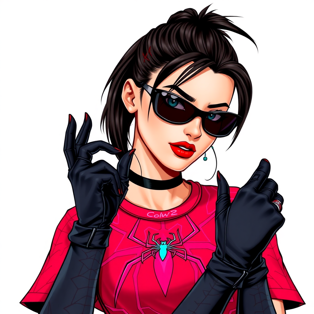 A 26-year-old mystical corporate hero hunter with a sleek black ponytail, bold red lipstick, striking blue eyes, dressed in a vibrant red t-shirt adorned with intricate neon red web patterns, equipped with black biker gloves, and wearing black-lensed shades and a mystical friedelite spider amulet, posing flirtatiously against a solid white background. She is drawn as if she was in a retro 2D cyberpunk fighting game. Ensure that the spider amulet is distinct from Marvel's Spider-Man and any other character.