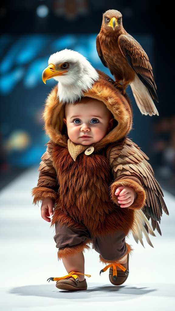 A cute small chubby fair baby with big eyes, pink lips, and pink cheeks, wearing a furry cozy eagle costume, doing a ramp walk in a fashion show while walking with a real eagle; a cinematic eagle sitting on the baby's head.