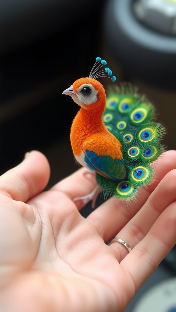 A small tiny cute chubby big eyes big perfect tail real colorful dancing peacock with tail on hand