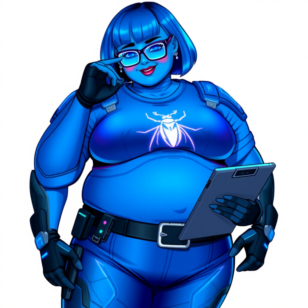 A 28-year-old, full-figured, metallic maximum blue (5PB 5/10) skinned computer program hybrid with a maximum blue bob cut. She has a non-athletic build, highlighted by a prominent, round, large midsection (with emphasis on her round belly), which shows the effects of her love of junk food acquired from her boyfriend. As the full-figured, nerdy, digital sidekick to her cyberpunk vigilante boyfriend, her metallic maximum blue skin and maximum blue lipstick (5PB 5/12) emphasize her digital nature. Her skin has a subtle, animated glow, with digital patterns occasionally flickering across it, making her digital nature obvious. She wears a digital, computerized superhero costume, consisting of a massive, tight-fitting, maximum blue t-shirt (5PB 5/12) with a neon blue glowing chest icon of a beetle, hi-tech shoulder pads with neon blue accents, a black hi-tech belt with a digital neon blue glowing buckle, digital maximum blue biker pants (5PB 5/12) with neon blue accents, and black hi-tech fingerless biker gloves with neon blue glowing accents. Her neon blue glowing eyes, black eyeglasses with neon blue glowing lenses equipped with a built-in HUD, and bashful smile with neon red blush accentuate her nerdiness.

She stands with a shy, slightly hunched posture, one hand nervously adjusting her glasses while the other clutches a digital tablet close to her chest. Her pose reflects her intellectual curiosity and slight social awkwardness, much like Sci-Twi. Her costume covers all her skin and emphasizes her full-figured physique (especially her round belly). Despite her build, she radiates beauty. She has a slim face compared to her physique, accentuating her radiant beauty. She is on a solid white background. She is drawn as if she were in a retro 2D cyberpunk fighting game.