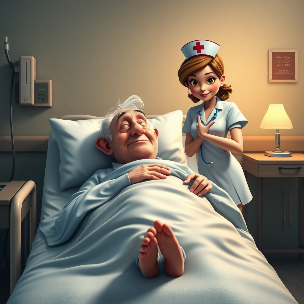 High quality, detailed, Disney 3d style film poster of an old man on a hospital bed with a huge erection under the blanket and a young skinny attractive nurse "impotence"