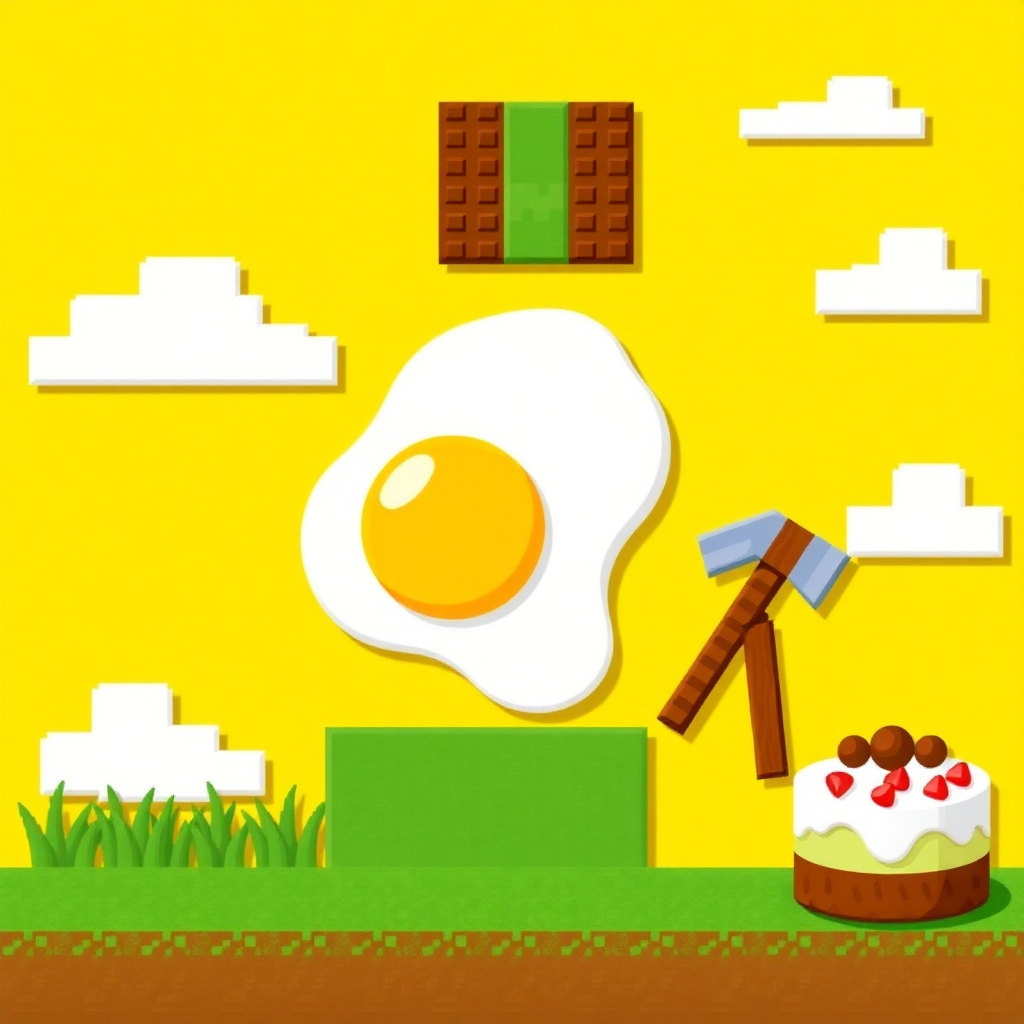 Canvas Setup:

Size: 512x512 pixels  
Background Color: Yellow  
Fried Egg:

Yolk: Yellow circle (50 pixels)  
White: Irregular white shape around the yolk  
Background Elements:

Grass Block: Green squares at the bottom (100x20 pixels)  
Tree: Brown square (40 pixels) and green square (30 pixels) in the top left  
Clouds: White pixel shapes at the top  
Items:

Wooden Axe: Pixel art style in the bottom right  
Cake: Pixel art style in the bottom left  
Finishing Touches:

Adjust colors and add shadows  