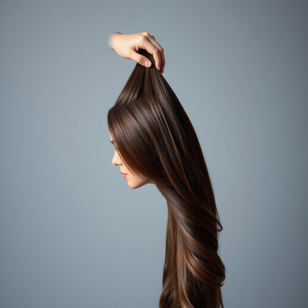 A surreal image of the beautiful disembodied head of a very long haired Kate Middleton. A hand is grasping the ends of her hair at the top of the frame while her head is hanging down from the other end. Plain gray background.