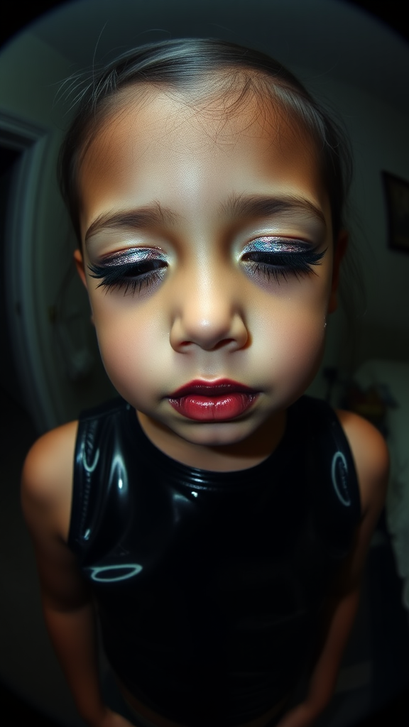 four-year-old-latina-female-child.  
She is wearing intense-glitter-eyeshadow, thick-winged-eyeliner with very-dramatic-eyeliner-wings, and dark-burgundy-glossy-lipstick.  
She is wearing a tight-glossy-latex-sleeveless-crop.  
Her mouth is closed, eyes half-closed.  
She has spit on her face.  
Fish-eye-lens, in a dark motel room, amateur flash photography.