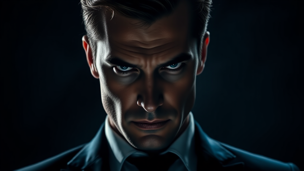 A clever-looking man with a piercing gaze, shown from the waist up, set against a dark, moody background. His face is partially illuminated by a soft, dramatic light, highlighting his sharp features and intense eyes. He wears a dark suit, his expression calculating and mysterious, as if he's deep in thought or planning something. The shadows around him add to the feeling of secrecy and intrigue, with a dark, almost noir atmosphere.